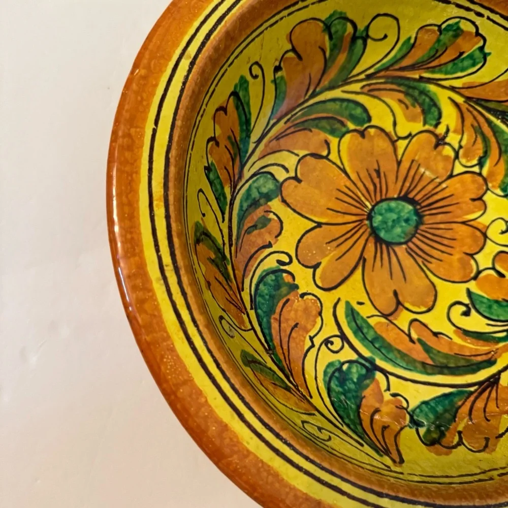 Hand-Painted vintage Italy Floral Ceramic Bowl large yellow orange green pottery